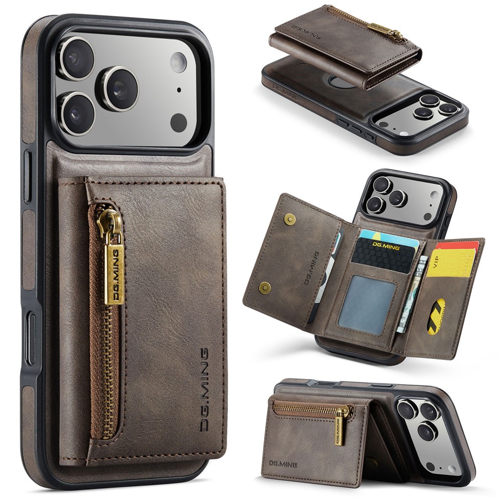 DG.MING M5 Series For iPhone 17 Pro Case Detachable Magnetic Leather Phone Cover with Card Slots - Coffee