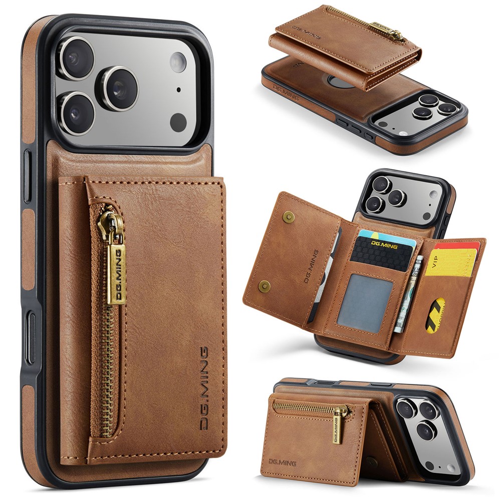DG.MING M5 Series For iPhone 17 Pro Max Case Detachable Magnetic Leather Phone Cover with Card Slots - Brown