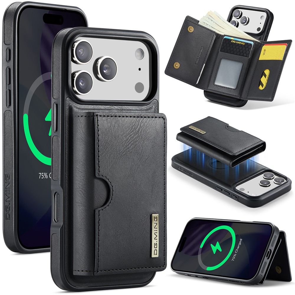 DG.MING M6 Series For iPhone 17 Pro Case Magnetic Wallet PU + PC + TPU Phone Cover - Black