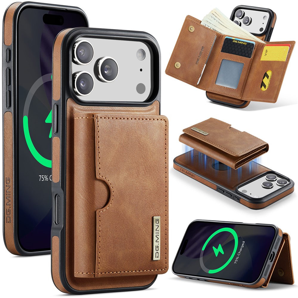 DG.MING M6 Series For iPhone 17 Pro Case Magnetic Wallet PU + PC + TPU Phone Cover - Brown