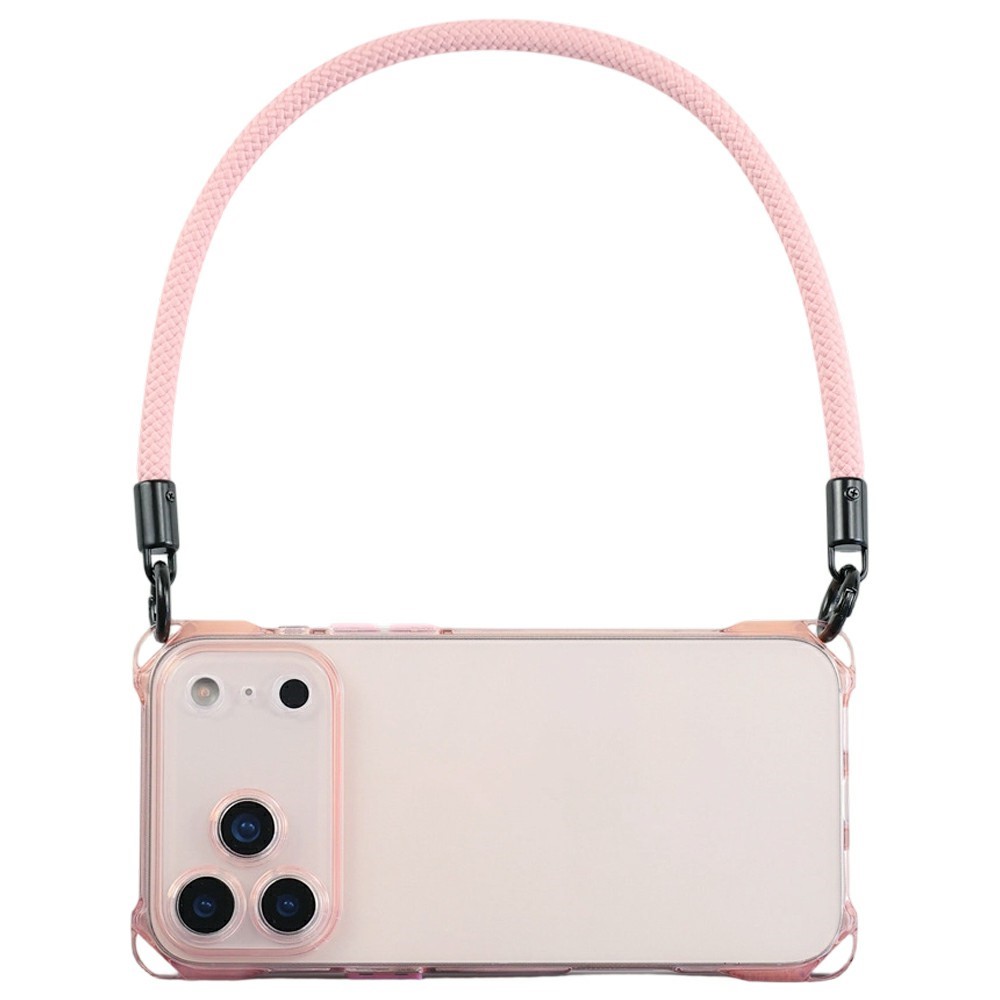 Bulk Purchasing For iPhone 17 Pro Case Four Corner Anti Drop TPU PC Phone Back Cover with Wrist Strap - Transparent Pink  /  Pink Button