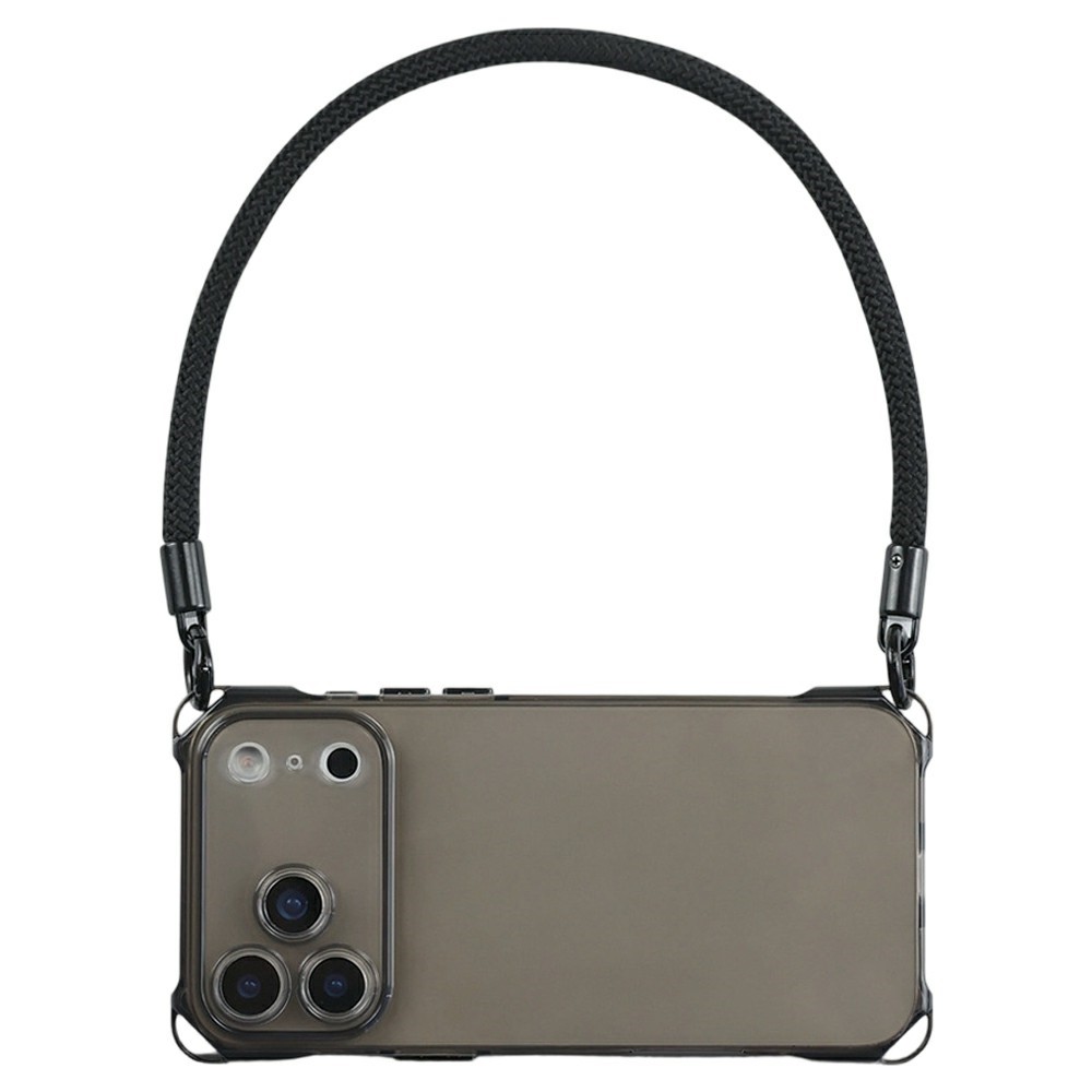 Bulk Purchasing For iPhone 17 Pro Case Four Corner Anti Drop TPU PC Phone Back Cover with Wrist Strap - Transparent Black  /  Black Button