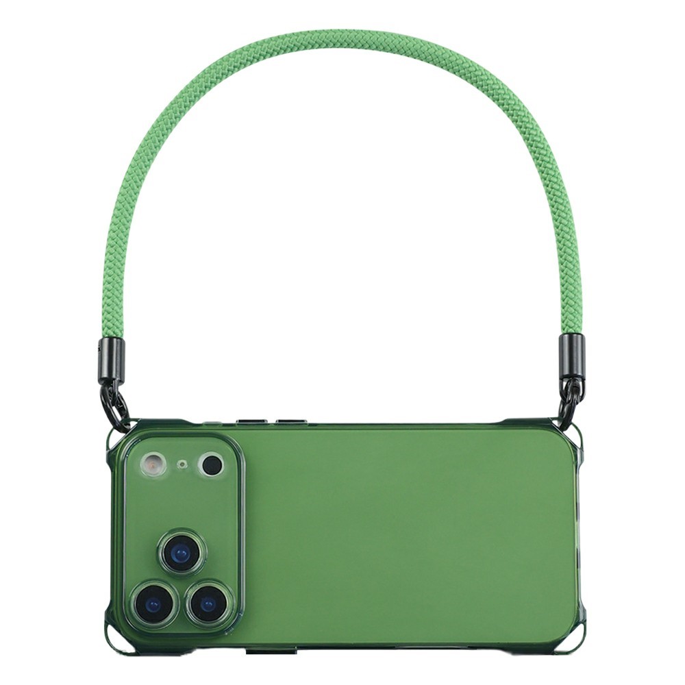 Bulk Purchasing For iPhone 17 Pro Case Four Corner Anti Drop TPU PC Phone Back Cover with Wrist Strap - Transparent Green  /  Green Button