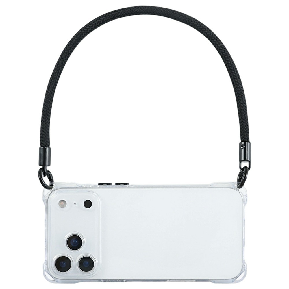 Bulk Purchasing For iPhone 17 Pro Case Four Corner Anti Drop TPU PC Phone Back Cover with Wrist Strap - Transparent / Black Button