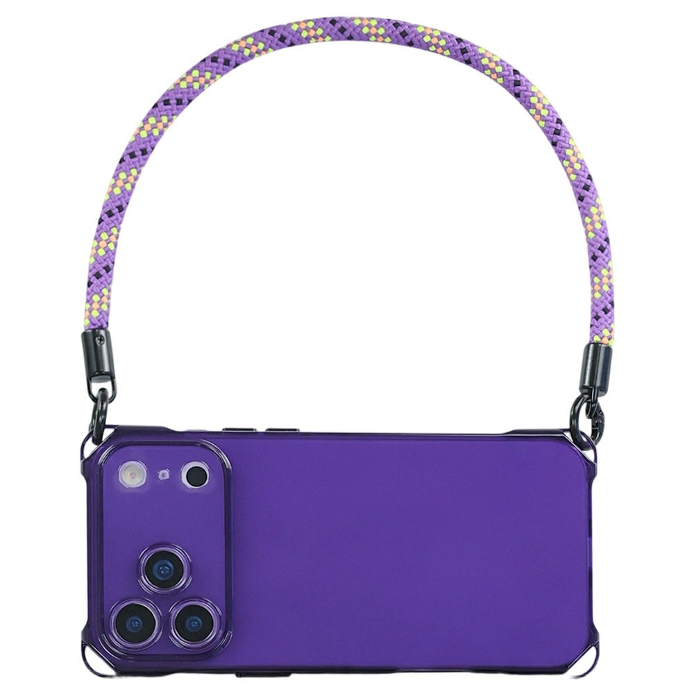 Bulk Purchasing For iPhone 17 Pro Case Four Corner Anti Drop TPU PC Phone Back Cover with Wrist Strap - Transparent Purple / Purple Button