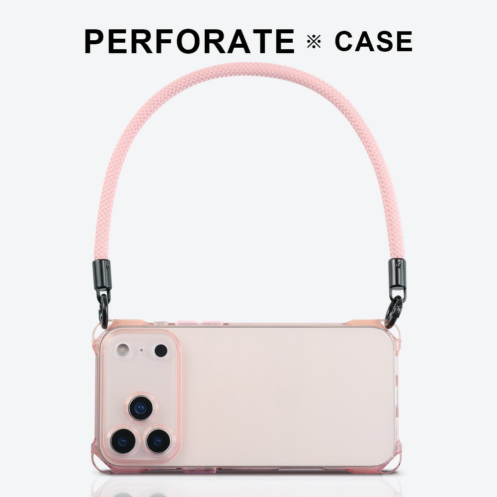 Bulk Purchasing For iPhone 17 Pro Max Case Four Corner Anti Drop TPU PC Phone Back Cover with Wrist Strap - Transparent Pink  /  Pink Button