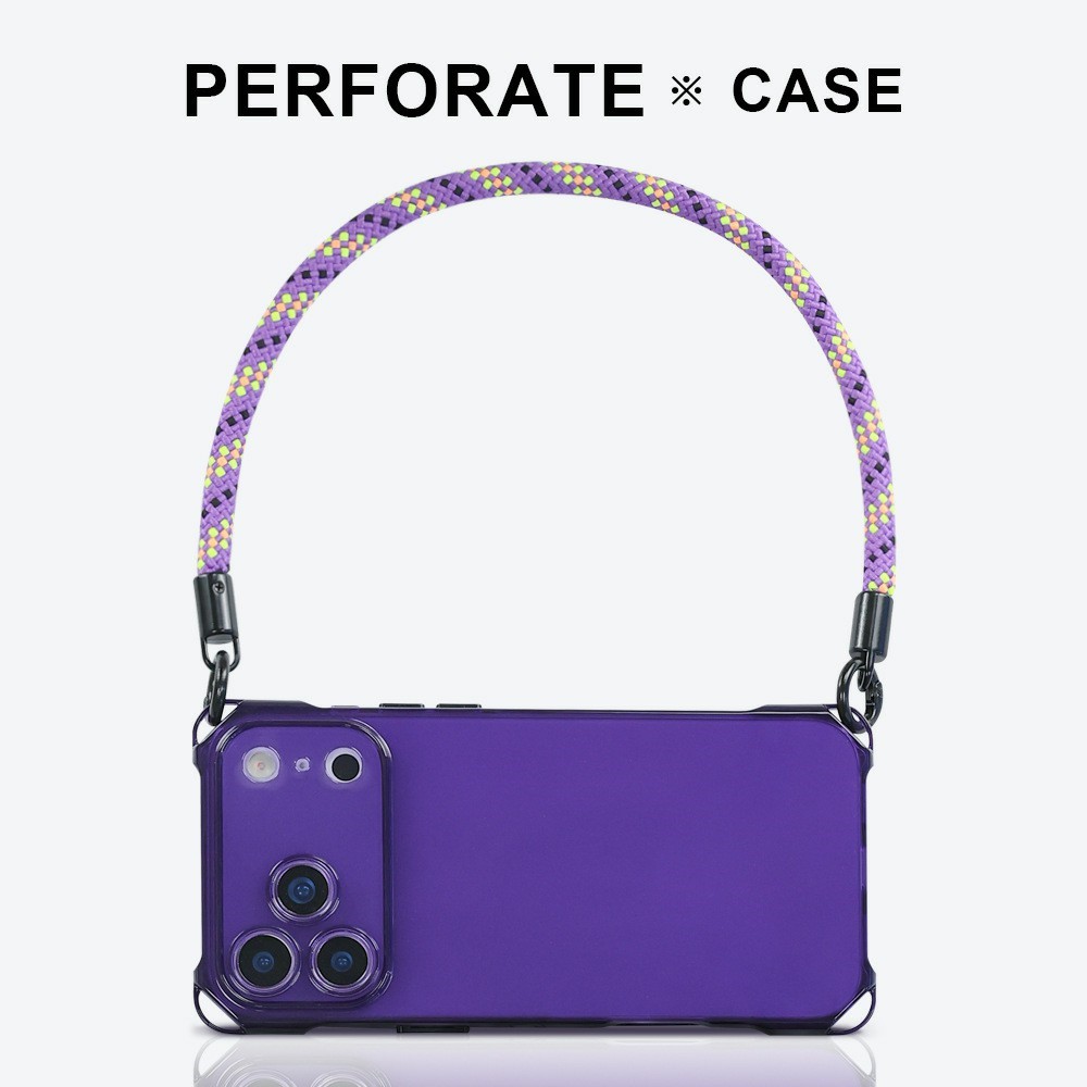 Bulk Purchasing For iPhone 17 Pro Max Case Four Corner Anti Drop TPU PC Phone Back Cover with Wrist Strap - Transparent Purple / Purple Button