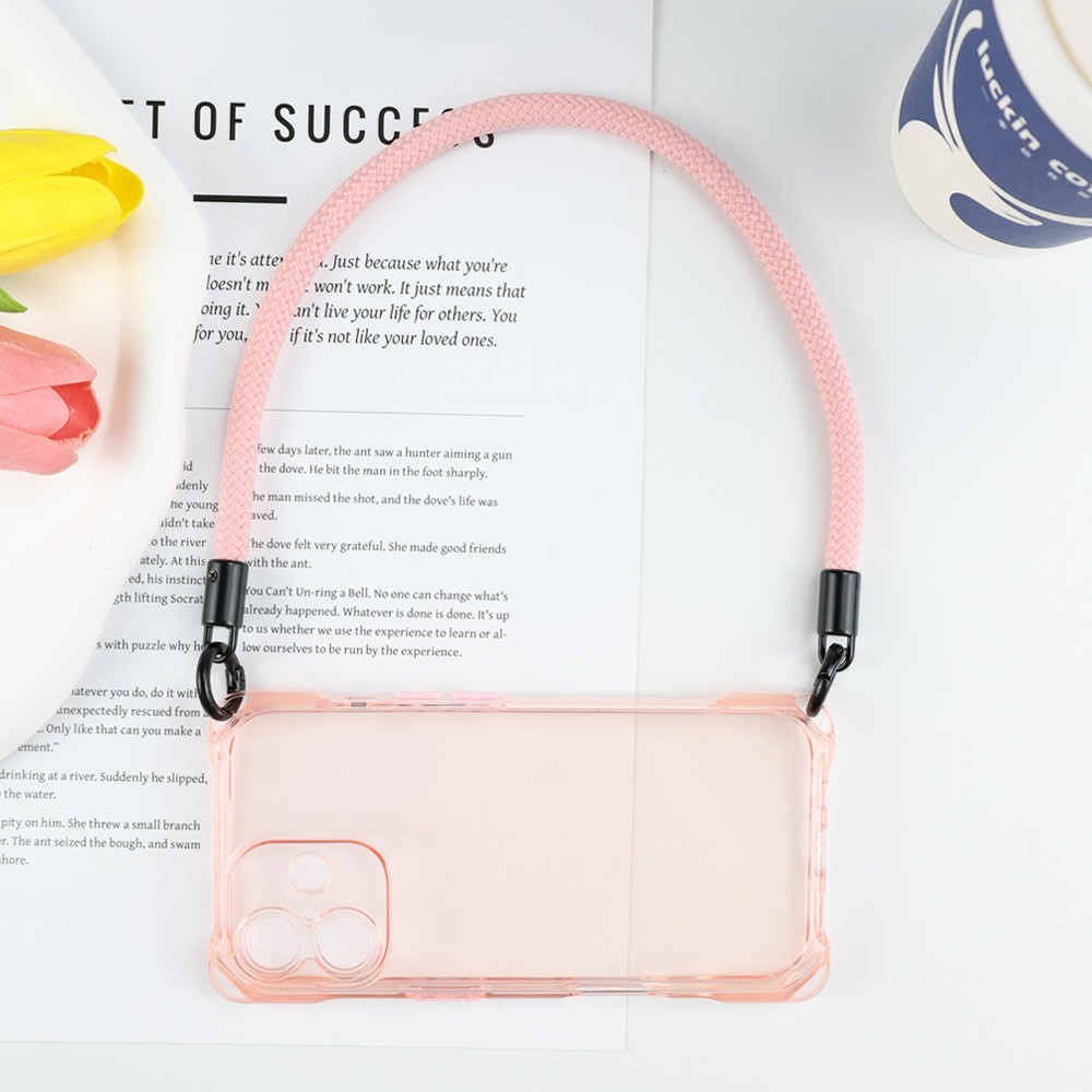 Bulk Purchasing For iPhone 17 Case Four Corner Anti Drop TPU PC Phone Back Cover with Wrist Strap - Transparent Pink  /  Pink Button