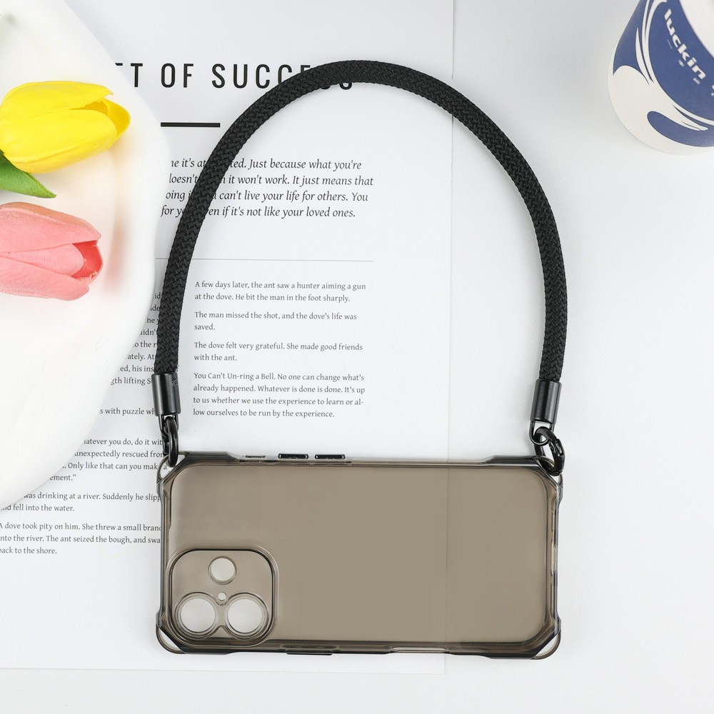 Bulk Purchasing For iPhone 17 Case Four Corner Anti Drop TPU PC Phone Back Cover with Wrist Strap - Transparent Black  /  Black Button