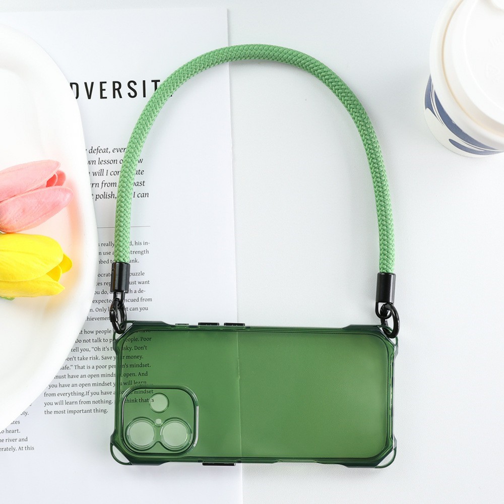 Bulk Purchasing For iPhone 17 Case Four Corner Anti Drop TPU PC Phone Back Cover with Wrist Strap - Transparent Green  /  Green Button