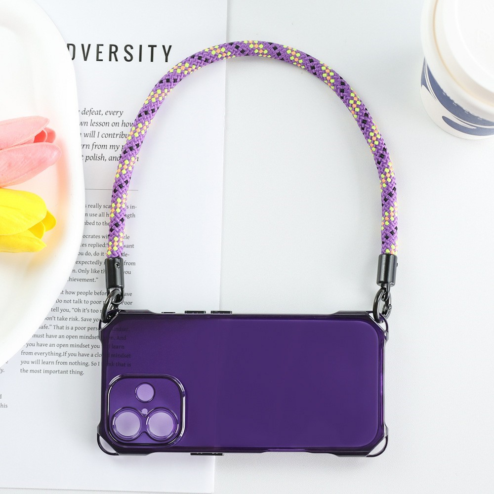 Bulk Purchasing For iPhone 17 Case Four Corner Anti Drop TPU PC Phone Back Cover with Wrist Strap - Transparent Purple / Purple Button