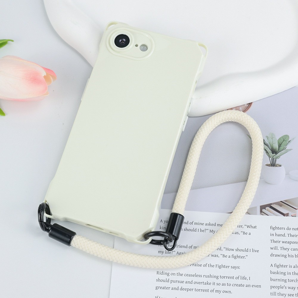 Bulk Purchasing For iPhone 16e Case Four Corner Anti Drop TPU PC Phone Back Cover with Wrist Strap - White  /  White Button