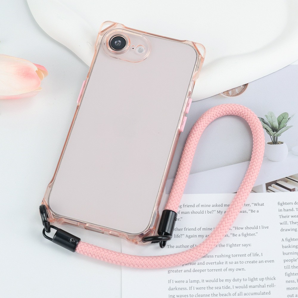 Bulk Purchasing For iPhone 16e Case Four Corner Anti Drop TPU PC Phone Back Cover with Wrist Strap - Transparent Pink  /  Pink Button