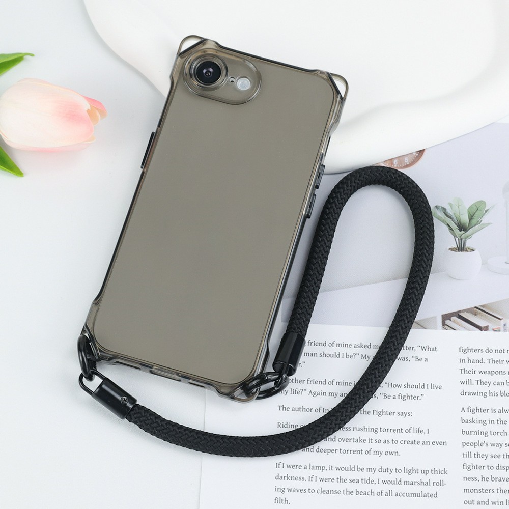 Bulk Purchasing For iPhone 16e Case Four Corner Anti Drop TPU PC Phone Back Cover with Wrist Strap - Transparent Black  /  Black Button