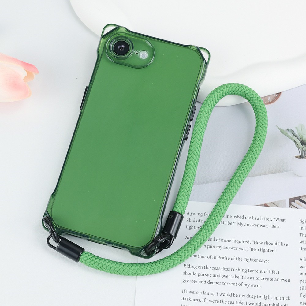 Bulk Purchasing For iPhone 16e Case Four Corner Anti Drop TPU PC Phone Back Cover with Wrist Strap - Transparent Green  /  Green Button