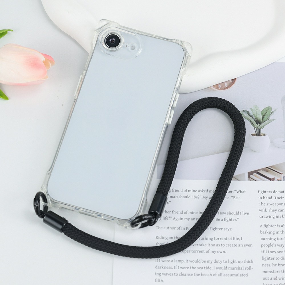 Bulk Purchasing For iPhone 16e Case Four Corner Anti Drop TPU PC Phone Back Cover with Wrist Strap - Transparent  /  White Button