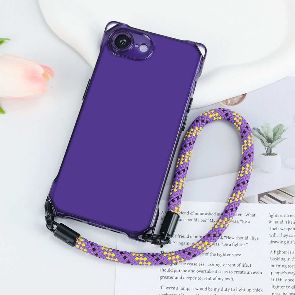 Bulk Purchasing For iPhone 16e Case Four Corner Anti Drop TPU PC Phone Back Cover with Wrist Strap - Transparent Purple  /  Purple Button