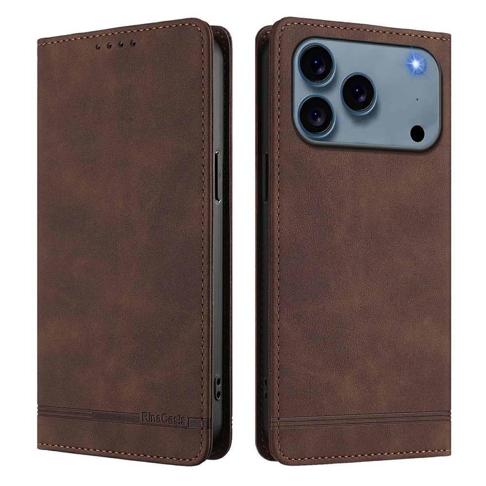 RINACASIS RC23 For iPhone 17 Pro Max Case RFID Blocking Wallet Stand PU Leather Phone Cover - Brown