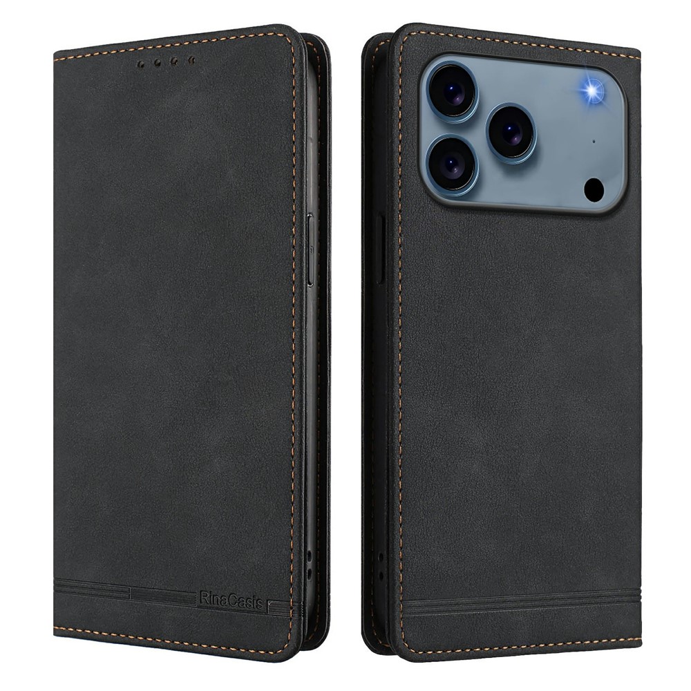 RINACASIS RC23 For iPhone 17 Pro Max Case RFID Blocking Wallet Stand PU Leather Phone Cover - Black
