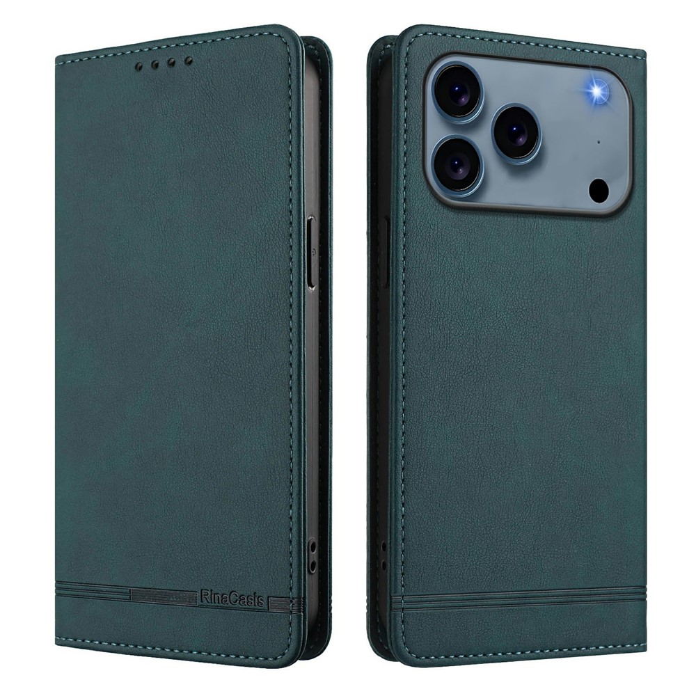 RINACASIS RC23 For iPhone 17 Pro Max Case RFID Blocking Wallet Stand PU Leather Phone Cover - Dark Green