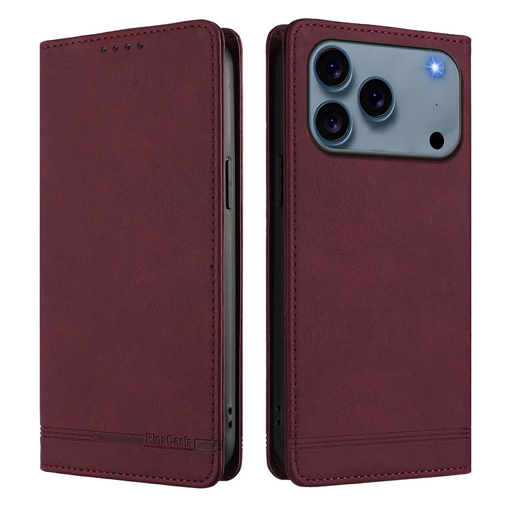 RINACASIS RC23 For iPhone 17 Pro Max Case RFID Blocking Wallet Stand PU Leather Phone Cover - Wine Red