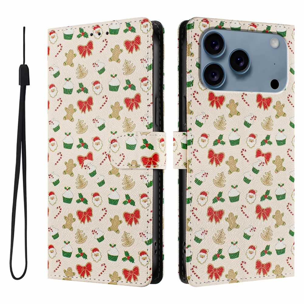 For iPhone 17 Pro Max Case Christmas Themed Pattern Printing PU Leather Wallet Phone Cover with Wrist Strap - Santa Claus