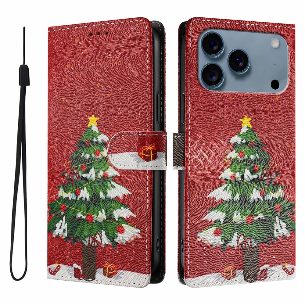 For iPhone 17 Pro Max Case Christmas Themed Pattern Printing PU Leather Wallet Phone Cover with Wrist Strap - Christmas Tree
