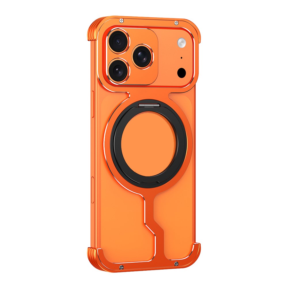 For iPhone 17 Pro Metal Case Rotating Kickstand Heat Dissipation Frameless Phone Bumper Cover with Lens Protector - Orange / Black