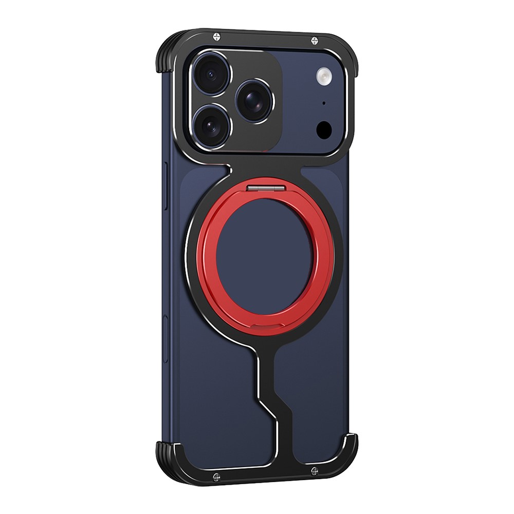For iPhone 17 Pro Metal Case Rotating Kickstand Heat Dissipation Frameless Phone Bumper Cover with Lens Protector - Black / Red
