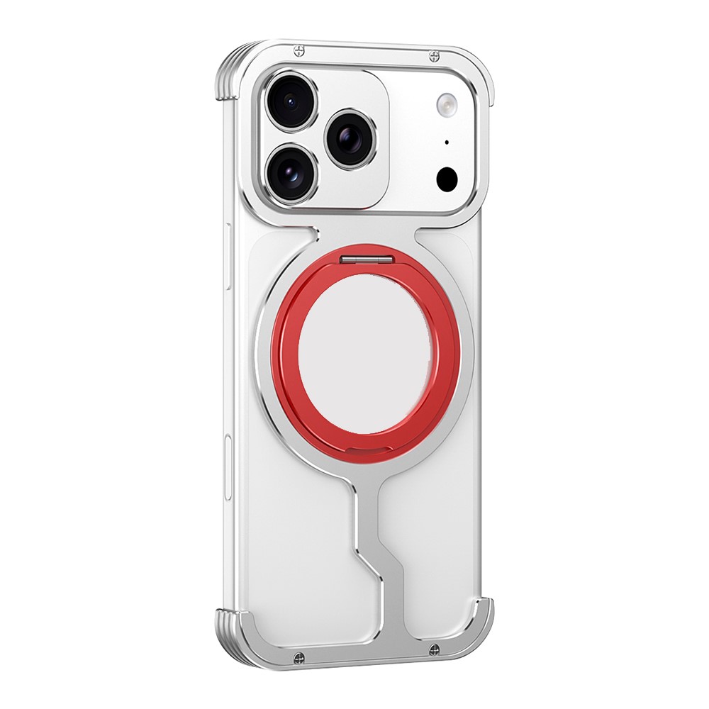 For iPhone 17 Pro Metal Case Rotating Kickstand Heat Dissipation Frameless Phone Bumper Cover with Lens Protector - Silver / Red
