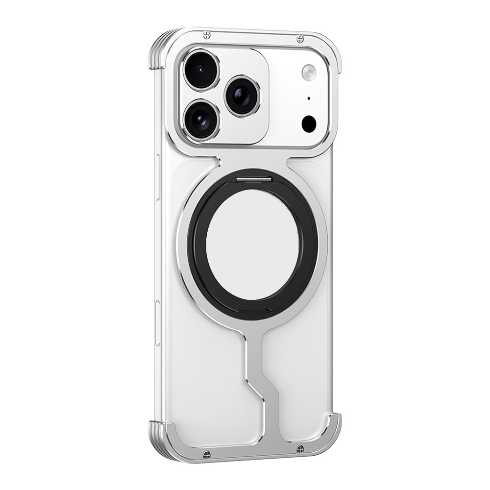 For iPhone 17 Pro Max Metal Case Rotating Kickstand Heat Dissipation Frameless Phone Bumper Cover with Lens Protector - Silver / Black