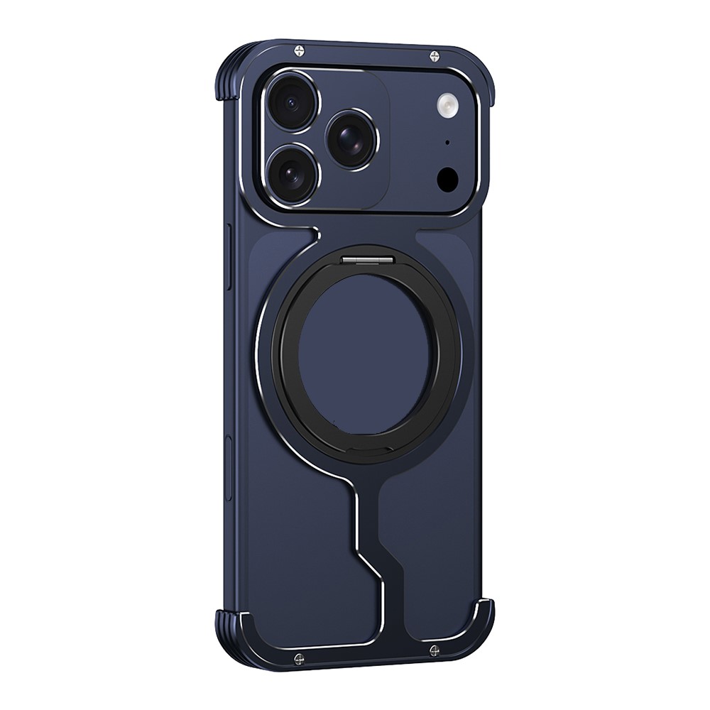 For iPhone 17 Pro Max Metal Case Rotating Kickstand Heat Dissipation Frameless Phone Bumper Cover with Lens Protector - Blue / Black