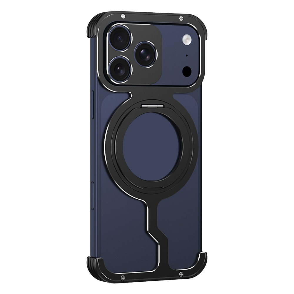 For iPhone 17 Pro Max Metal Case Rotating Kickstand Heat Dissipation Frameless Phone Bumper Cover with Lens Protector - Black / Black