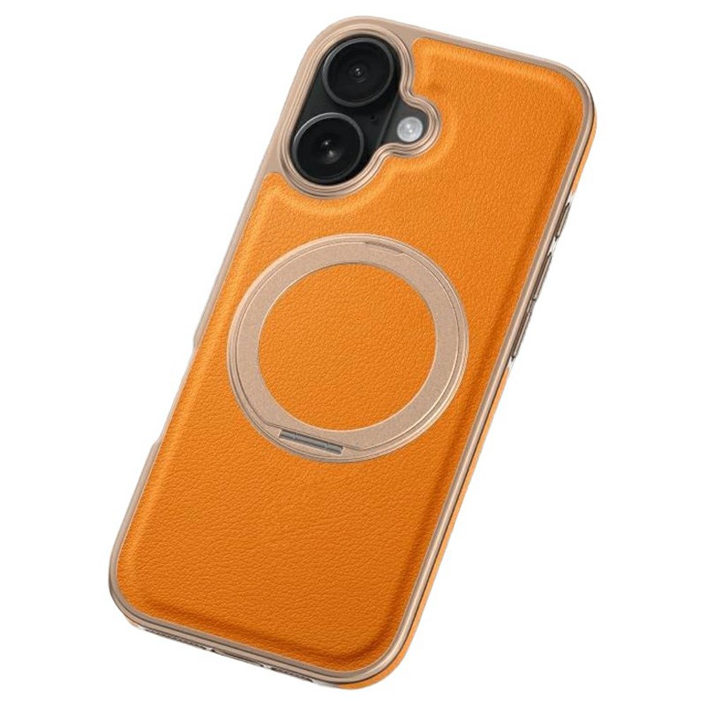 For iPhone 17 Magnetic Case with Rotating Kickstand Leather + PC + TPU Electroplating Phone Cover - Orange