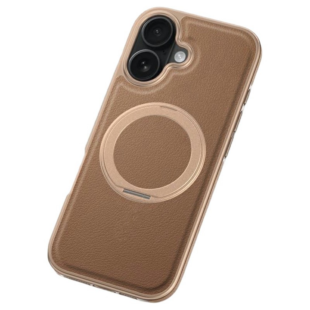 For iPhone 17 Magnetic Case with Rotating Kickstand Leather + PC + TPU Electroplating Phone Cover - Desert Gold