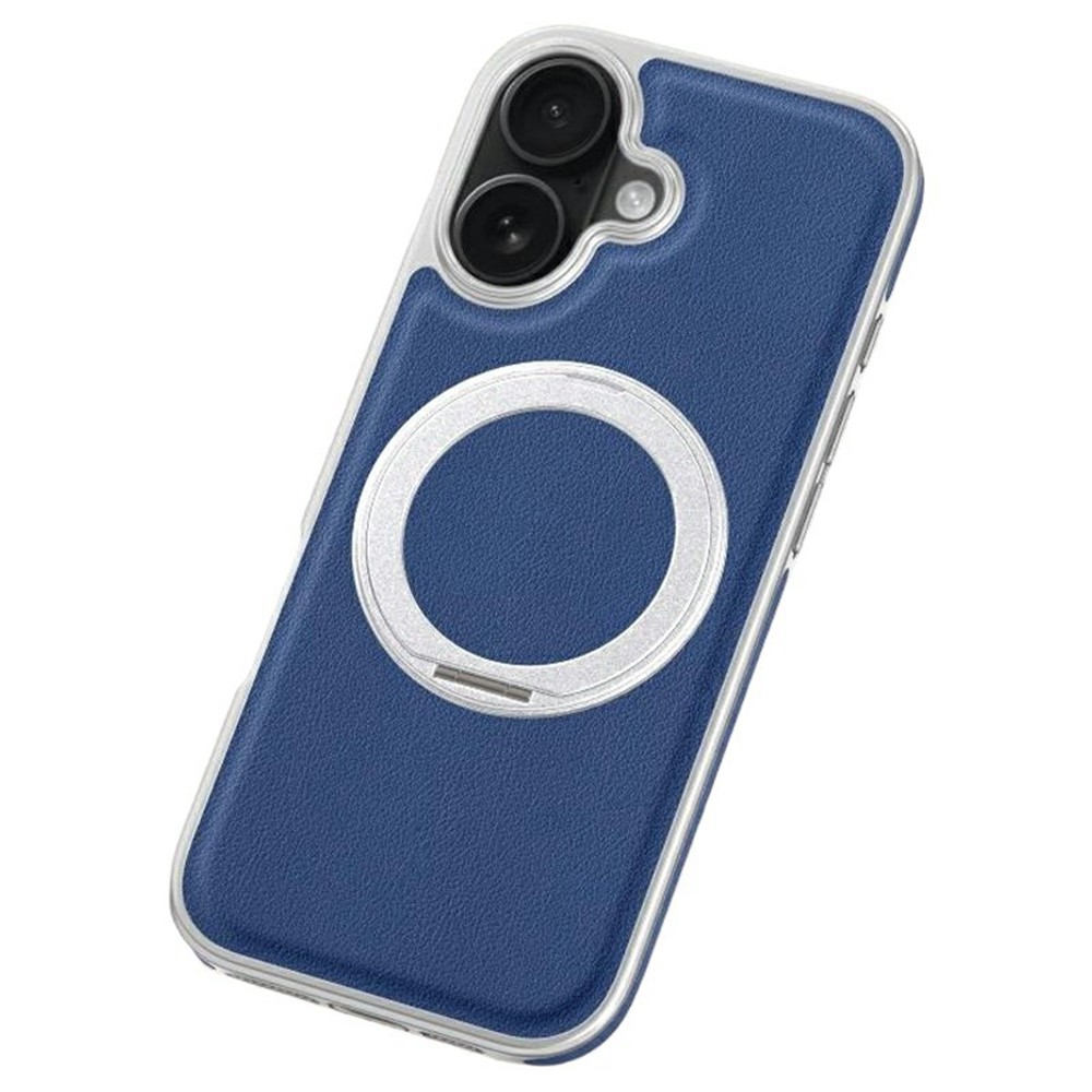 For iPhone 17 Magnetic Case with Rotating Kickstand Leather + PC + TPU Electroplating Phone Cover - Blue