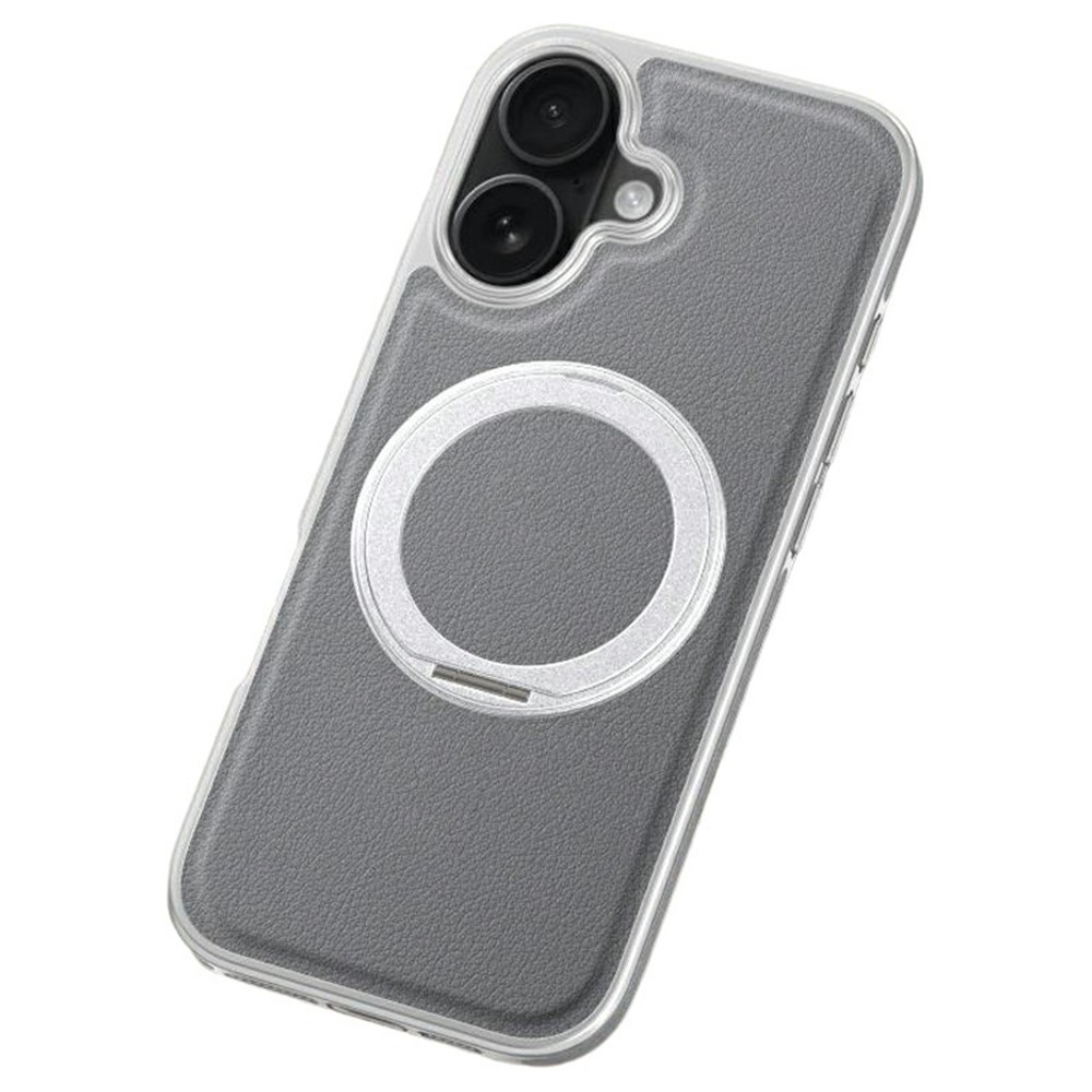 For iPhone 17 Magnetic Case with Rotating Kickstand Leather + PC + TPU Electroplating Phone Cover - Grey