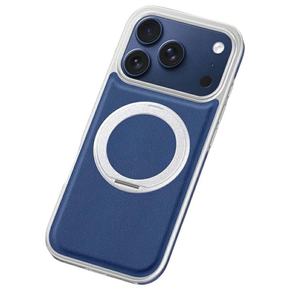 For iPhone 17 Pro Magnetic Case with Rotating Kickstand Leather + PC + TPU Electroplating Phone Cover - Blue