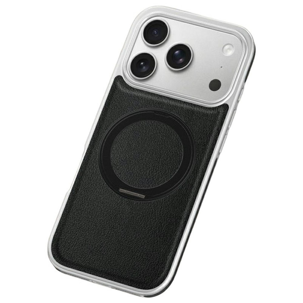 For iPhone 17 Pro Magnetic Case with Rotating Kickstand Leather + PC + TPU Electroplating Phone Cover - Black