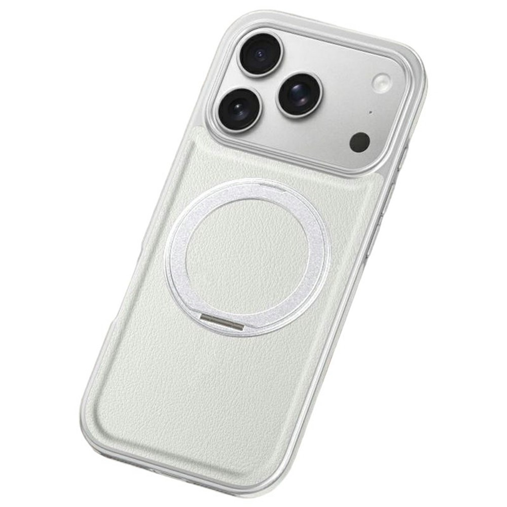 For iPhone 17 Pro Magnetic Case with Rotating Kickstand Leather + PC + TPU Electroplating Phone Cover - White