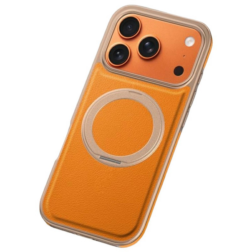 For iPhone 17 Pro Max Magnetic Case with Rotating Kickstand Leather + PC + TPU Electroplating Phone Cover - Orange