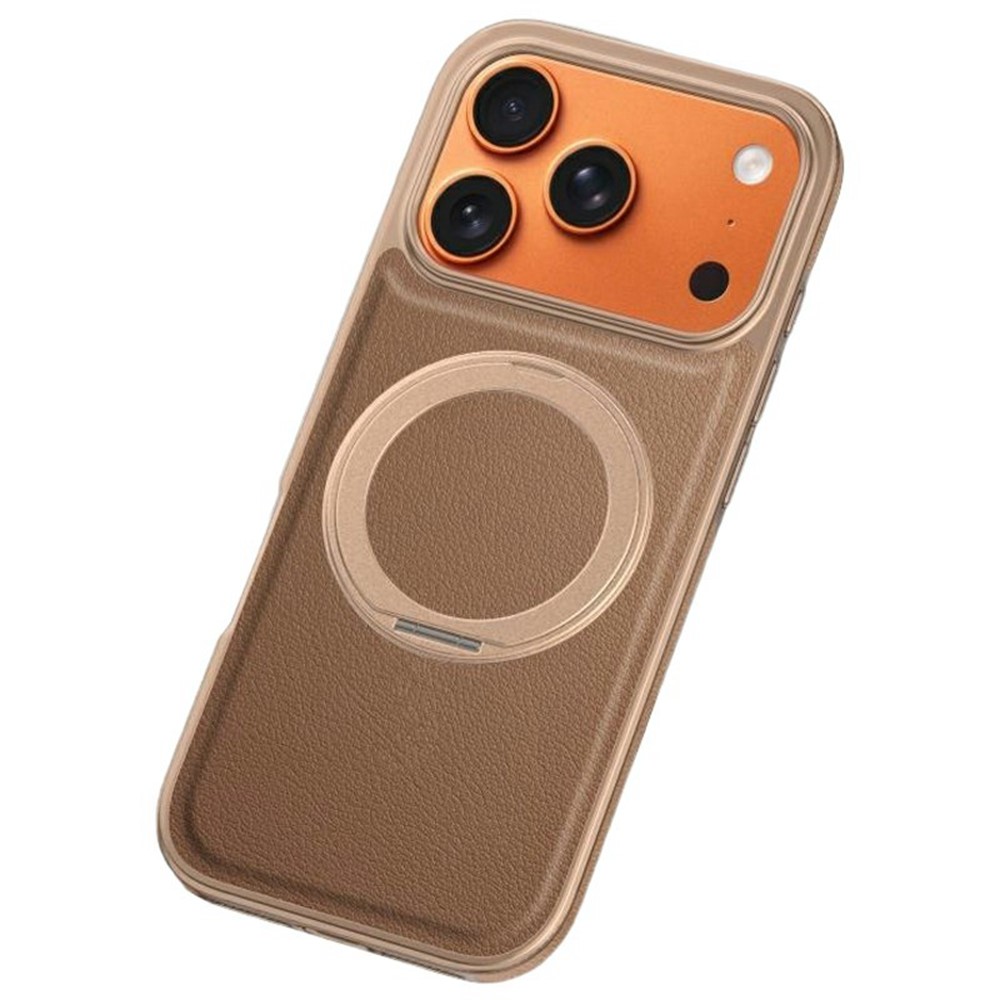 For iPhone 17 Pro Max Magnetic Case with Rotating Kickstand Leather + PC + TPU Electroplating Phone Cover - Desert Gold
