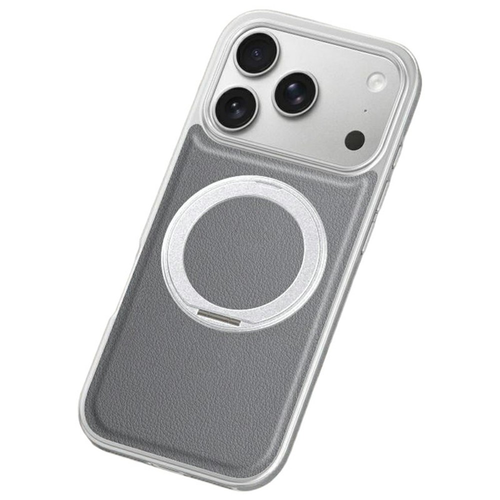 For iPhone 17 Pro Max Magnetic Case with Rotating Kickstand Leather + PC + TPU Electroplating Phone Cover - Grey