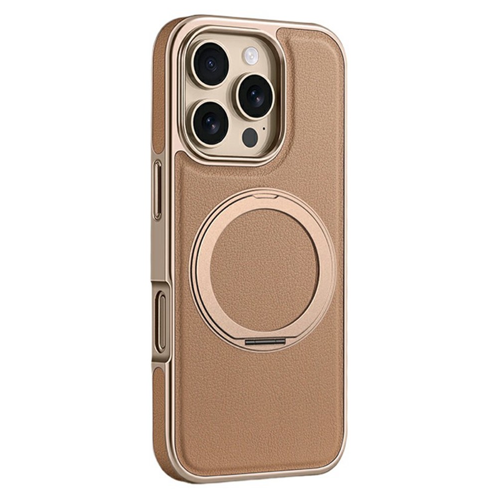 For iPhone 16 Pro Magnetic Case with Rotating Kickstand Leather + PC + TPU Electroplating Phone Cover - Desert Gold