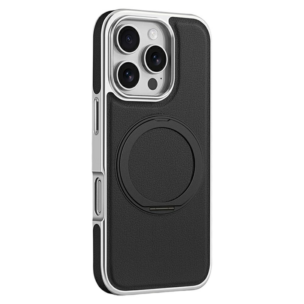 For iPhone 16 Pro Magnetic Case with Rotating Kickstand Leather + PC + TPU Electroplating Phone Cover - Black