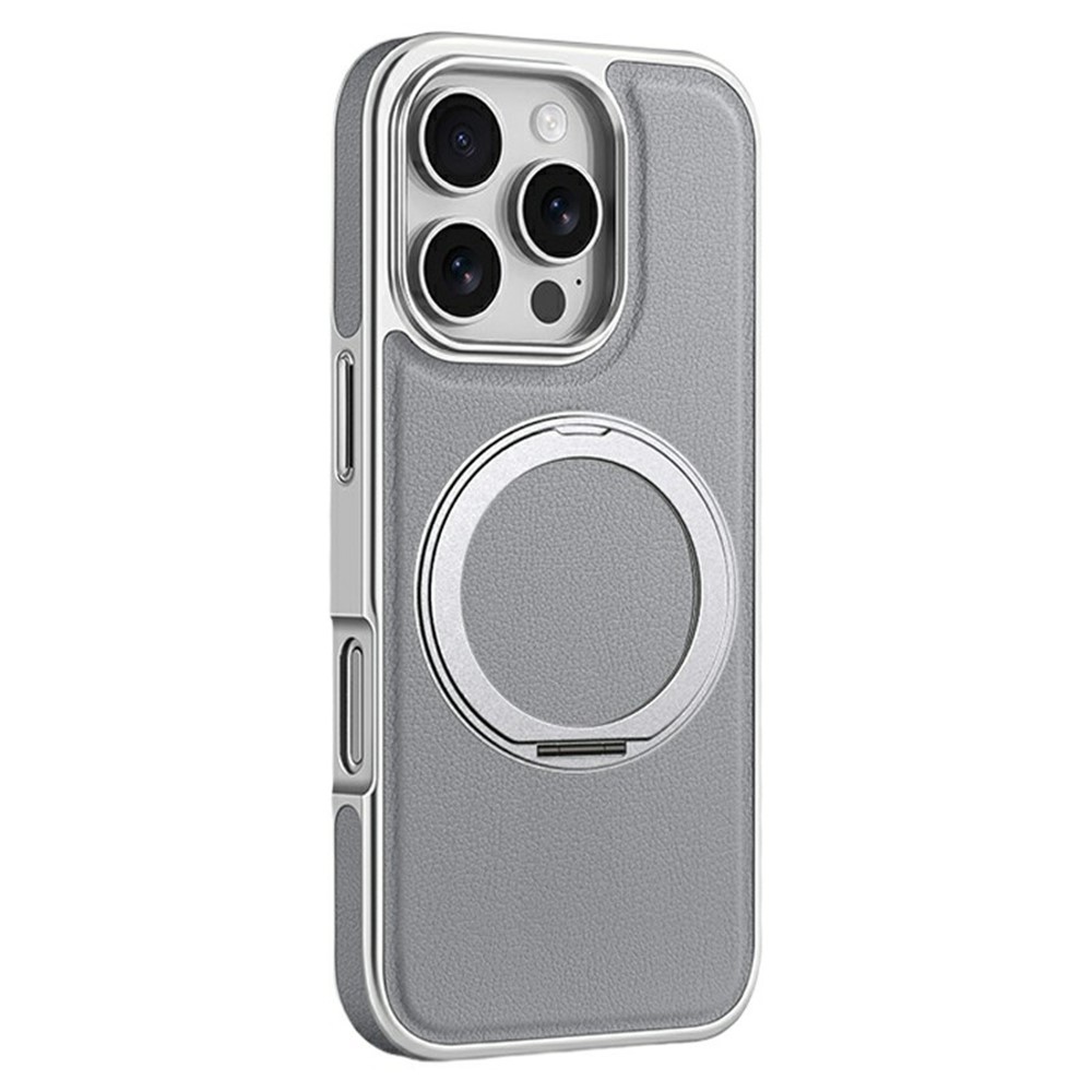 For iPhone 16 Pro Magnetic Case with Rotating Kickstand Leather + PC + TPU Electroplating Phone Cover - Grey