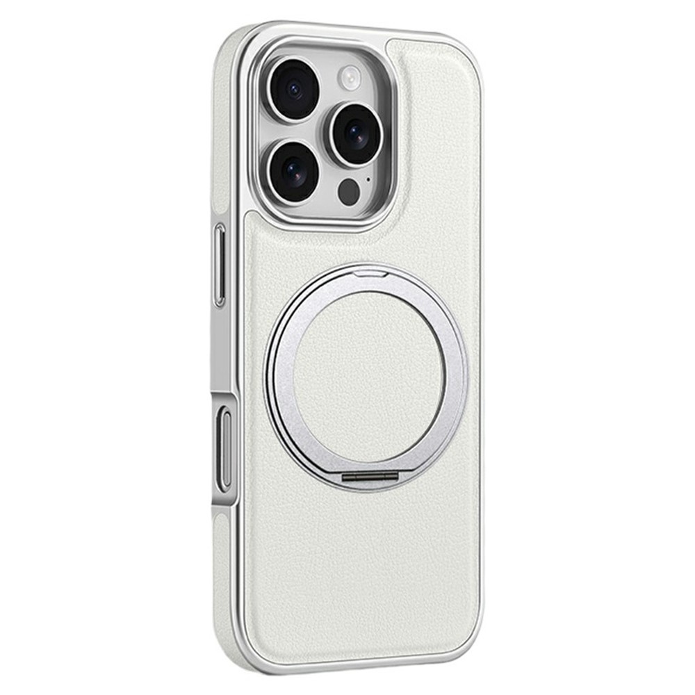 For iPhone 16 Pro Max Magnetic Case with Rotating Kickstand Leather + PC + TPU Electroplating Phone Cover - White
