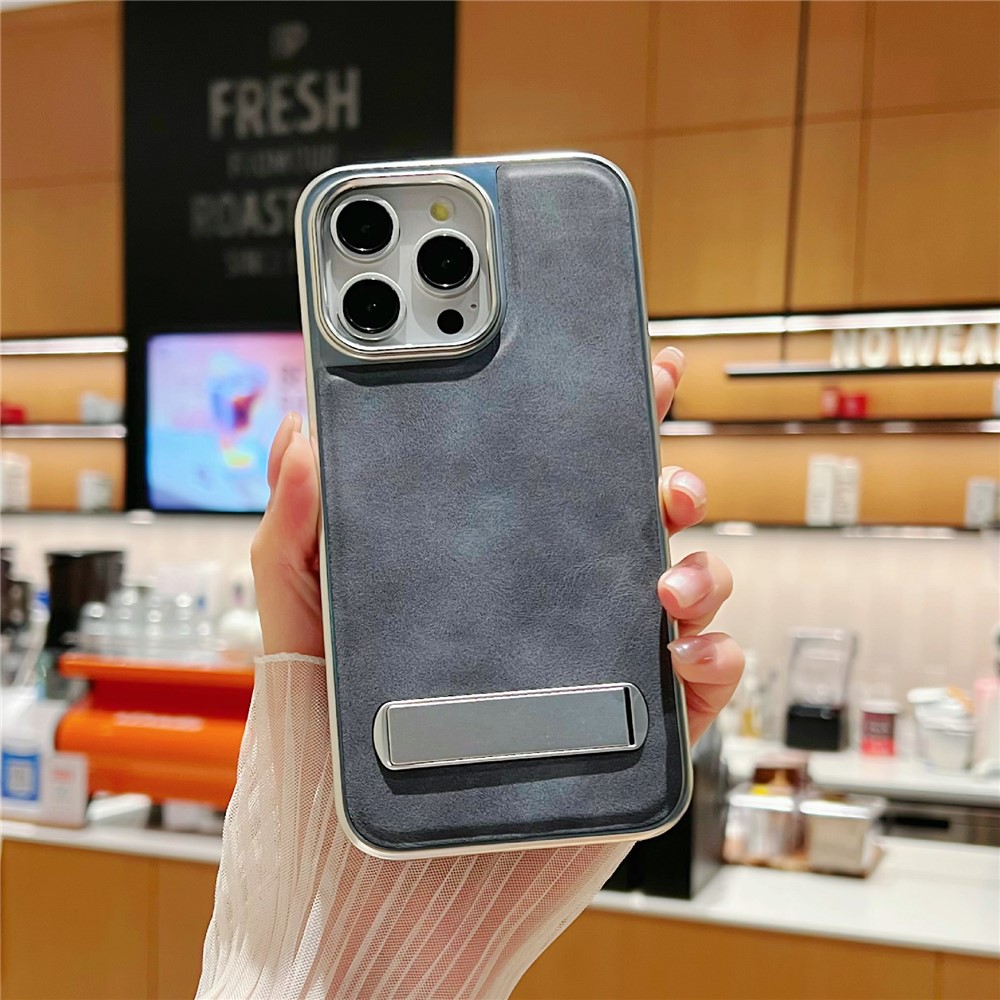 For iPhone 15 Pro Max Case with Hidden Kickstand Leather + PC + TPU Matte Electroplated Phone Cover - Blue
