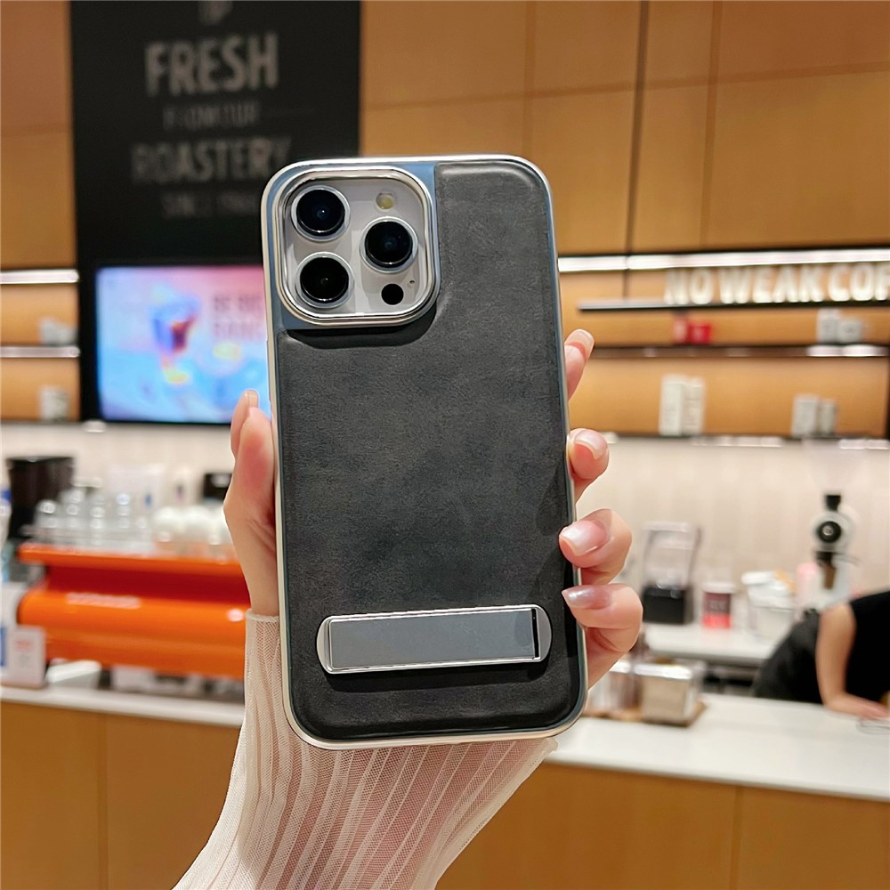 For iPhone 15 Pro Max Case with Hidden Kickstand Leather + PC + TPU Matte Electroplated Phone Cover - Black