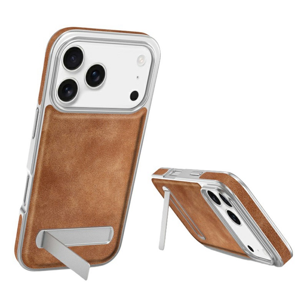 For iPhone 17 Pro Max Case with Hidden Kickstand Leather + PC + TPU Matte Electroplated Phone Cover - Brown